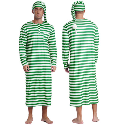 Mens Striped Long Sleeve Nightshirts Sleepwear Round Neck Loose Pajamas Robe Sleepshirt with Night Cap Christmas Loungewear
