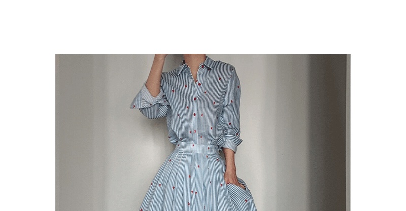 Blue Striped Linen Set Women's Long Sleeve Heart Print Blouse Half Skirt Two Piece Set Summer Fashion Ensemble for Young Women