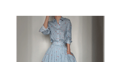 Blue Striped Linen Set Women's Long Sleeve Heart Print Blouse Half Skirt Two Piece Set Summer Fashion Ensemble for Young Women
