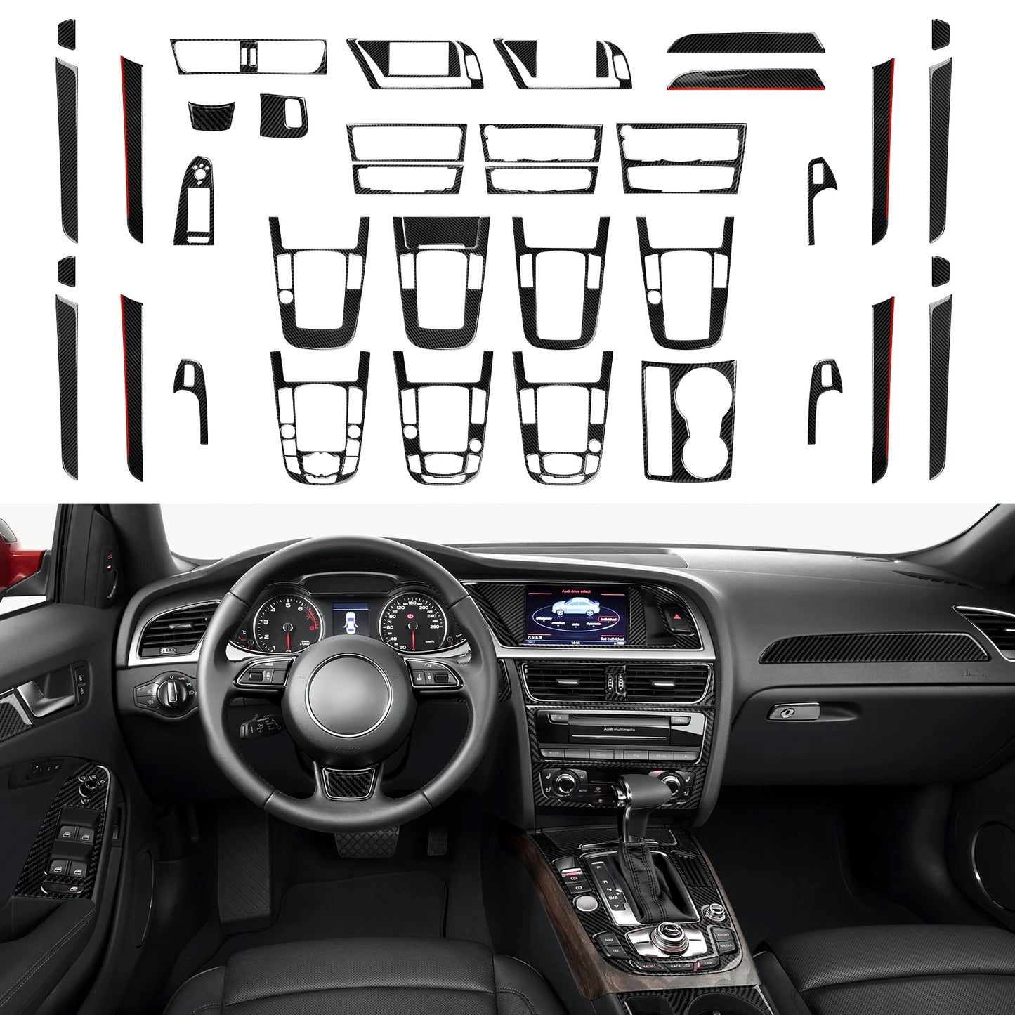 Car Center Console Gear Shift Panel Set, For Audi A4 S4 RS4 A5 S5 RS5 (2007-2016) Carbon Fiber Interior Sticker Trim Accessories