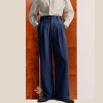 Men's High-Street Vintage Striped Pants Drapey Silhouette Melange Old Money Style Elegant Casual Trousers for Gentlemen Fashion