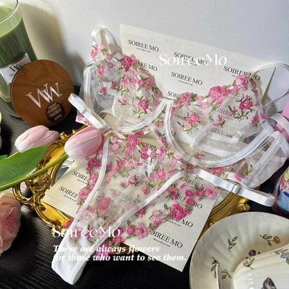 Elegant French Lace Bra Set Women Floral Embroidery Soft Underwire Ultra Thin Large Bust Support Sheer Mesh Lingerie BANERDANNI