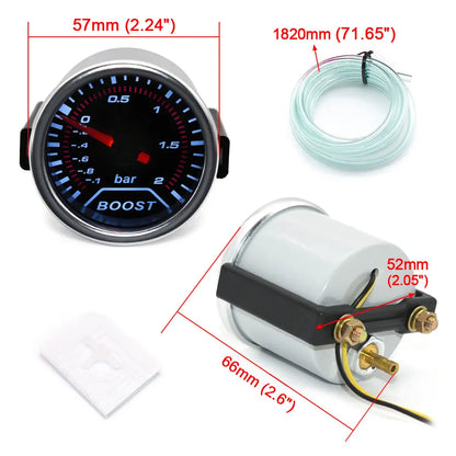 2" 52mm Universal 12V LED Smoke Len -1~0~2 BAR Turbo Boost Gauge Meter / Turbo Boost Meter with White LED Backlight For 12V Car