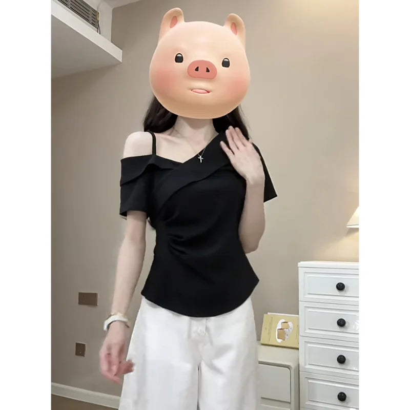 plus Size Slim Fit Short Sleeve Cross Neck Shoulder Bared T-Shirt Casual Style Versatile Summer New Arrival Women's Top