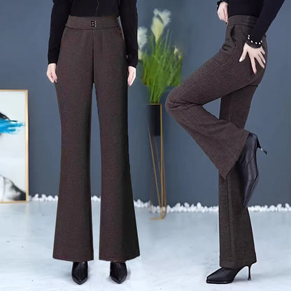 Women's Woolen Flared Pants High Waist Elastic Polyester Fiber Warm Casual Trousers for Autumn Winter 2025 New Style