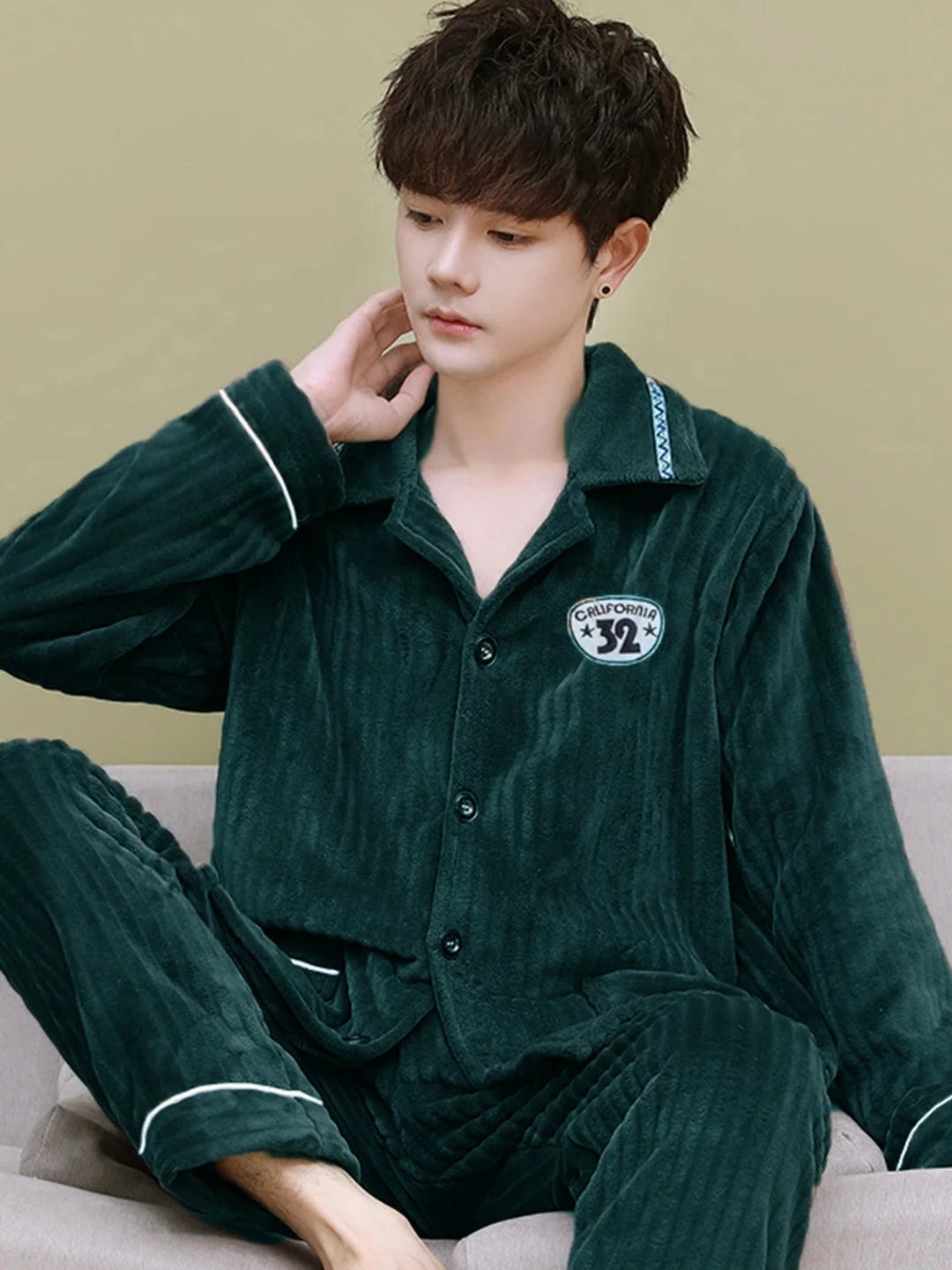 Men's Thickened Flannel Pajamas Coral Fleece Home Clothes Cardigan Set Long Sleeve Long Pants Soft Warm Winter Autumn Sleepwear