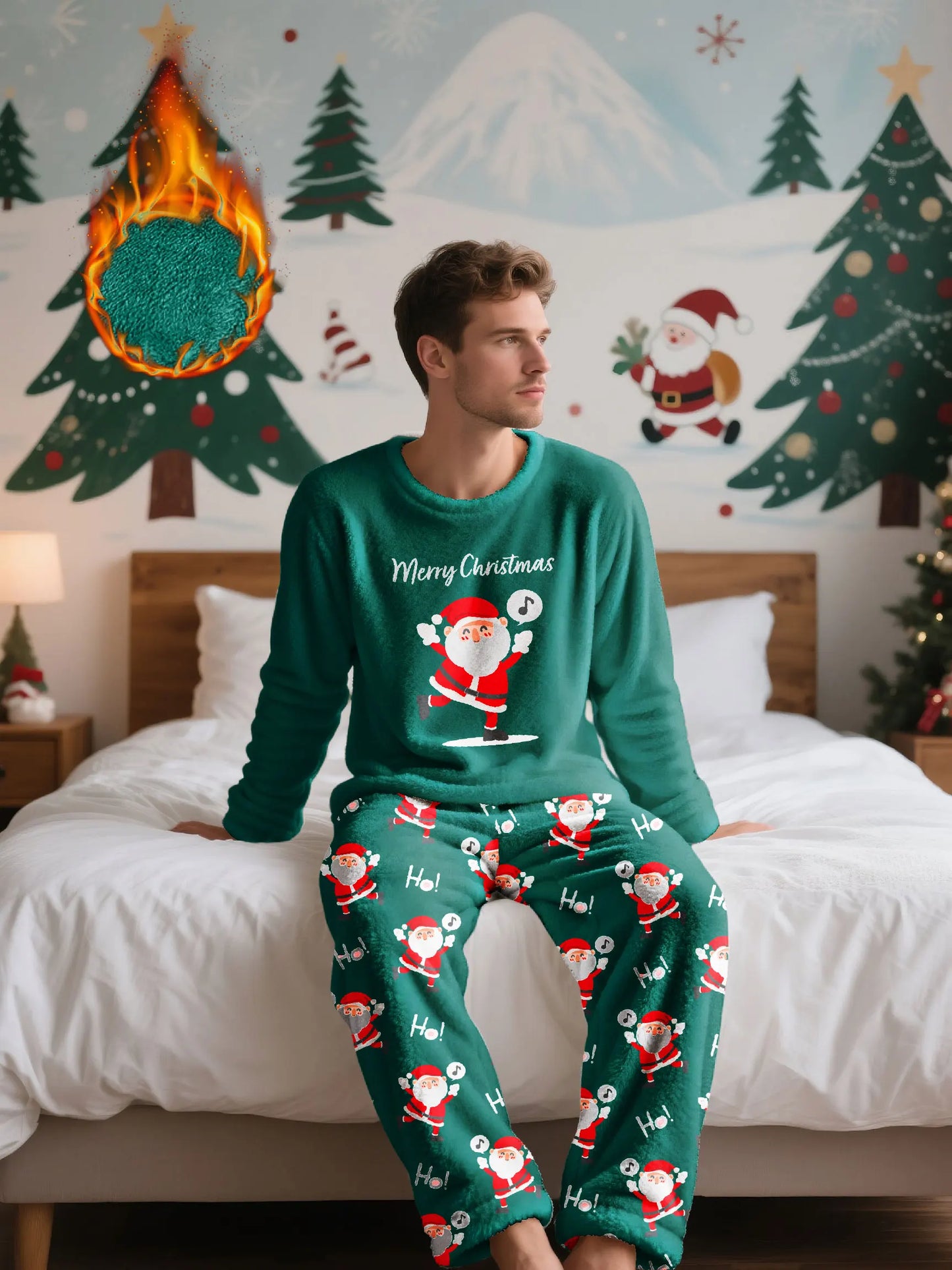 Men's Christmas-themed fleece pajama set, featuring a long-sleeve top and matching pants, comfortable and casual loungewear