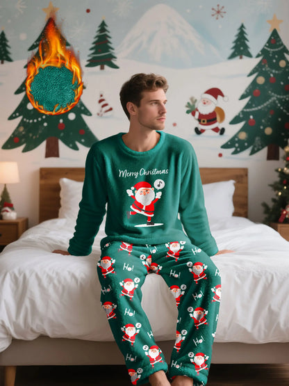 Men's Christmas-themed fleece pajama set, featuring a long-sleeve top and matching pants, comfortable and casual loungewear