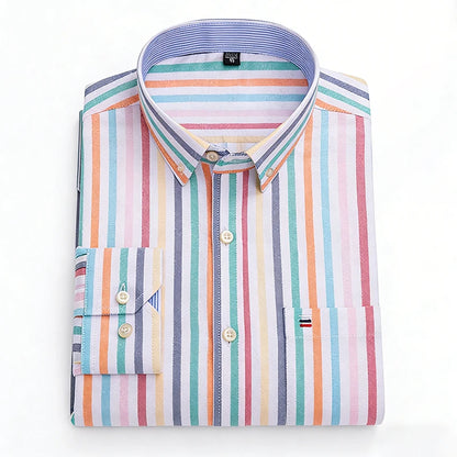 100% Cotton Oxford Casual Shirts For Men Long Sleeved Plaid Striped Soft Regular Fit Formal Single Pocket Social Fashion Blouses