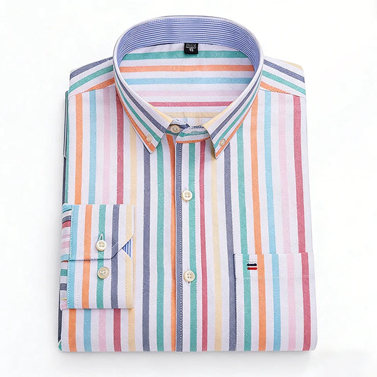 100% Cotton Oxford Casual Shirts For Men Long Sleeved Plaid Striped Soft Regular Fit Formal Single Pocket Social Fashion Blouses