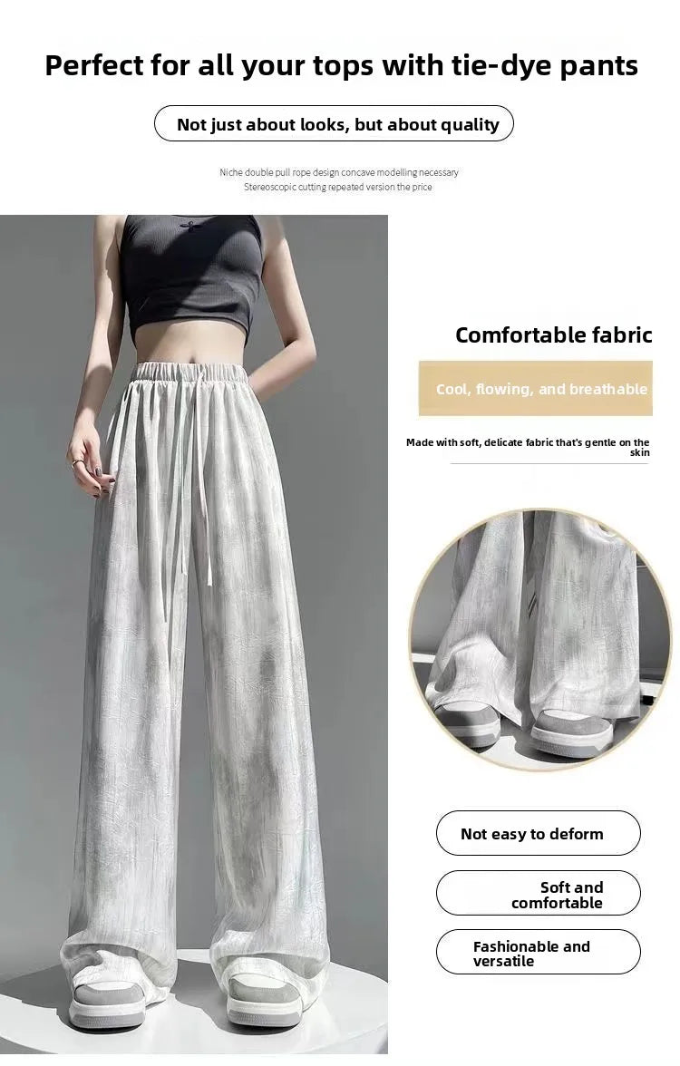 Summer Thin Ice Silk Satin Dyed Wide Leg Pants Women Loose Casual Drape High Waist Slimming Pants Ins Straight Leg Elastic Wa...