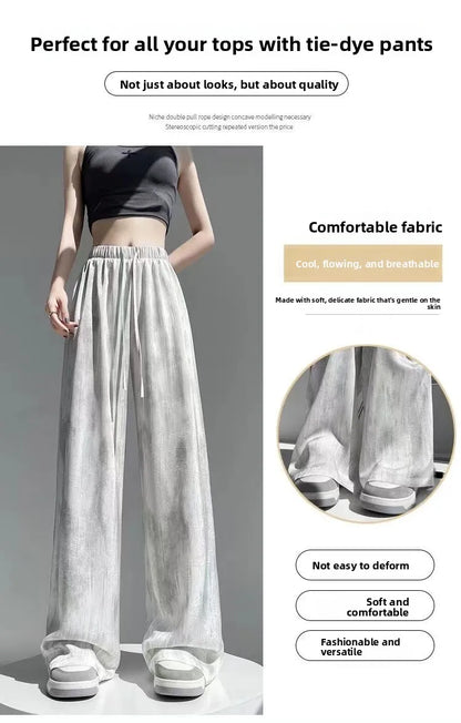 Summer Thin Ice Silk Satin Dyed Wide Leg Pants Women Loose Casual Drape High Waist Slimming Pants Ins Straight Leg Elastic Wa...