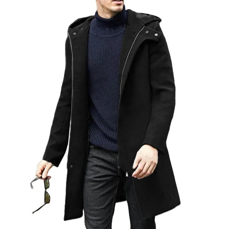 Autumn Winter Men's Woolen Coat Casual Fashion Hooded Zipper Coats Mid-length Men's Lining Clothing