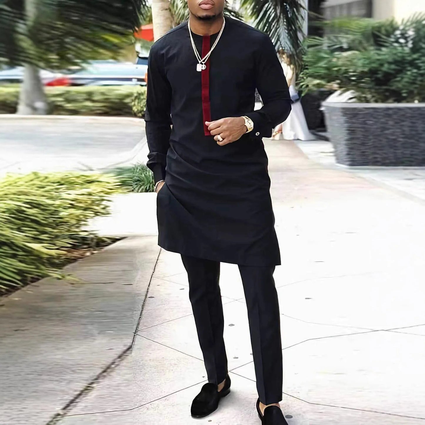 Fashionable Ethnic Embroidered Long Sleeve Long Pants Suit for Men New 2026 Style Summer Season round Neck Single Button Closure