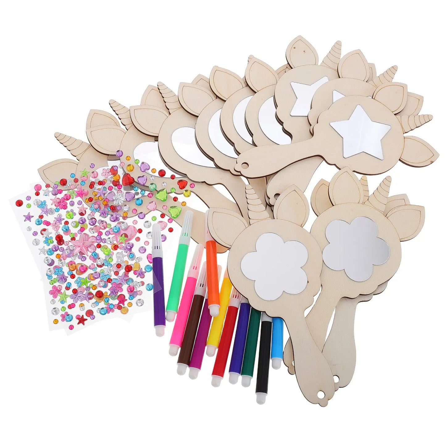 1Set Unpainted Wooden Unicorn Mirror Kit Kids Handheld Craft Set Natural Wood DIY Painting Activity Snowflake Mud Pearl Clay