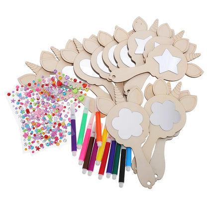 1Set Unpainted Wooden Unicorn Mirror Kit Kids Handheld Craft Set Natural Wood DIY Painting Activity Snowflake Mud Pearl Clay