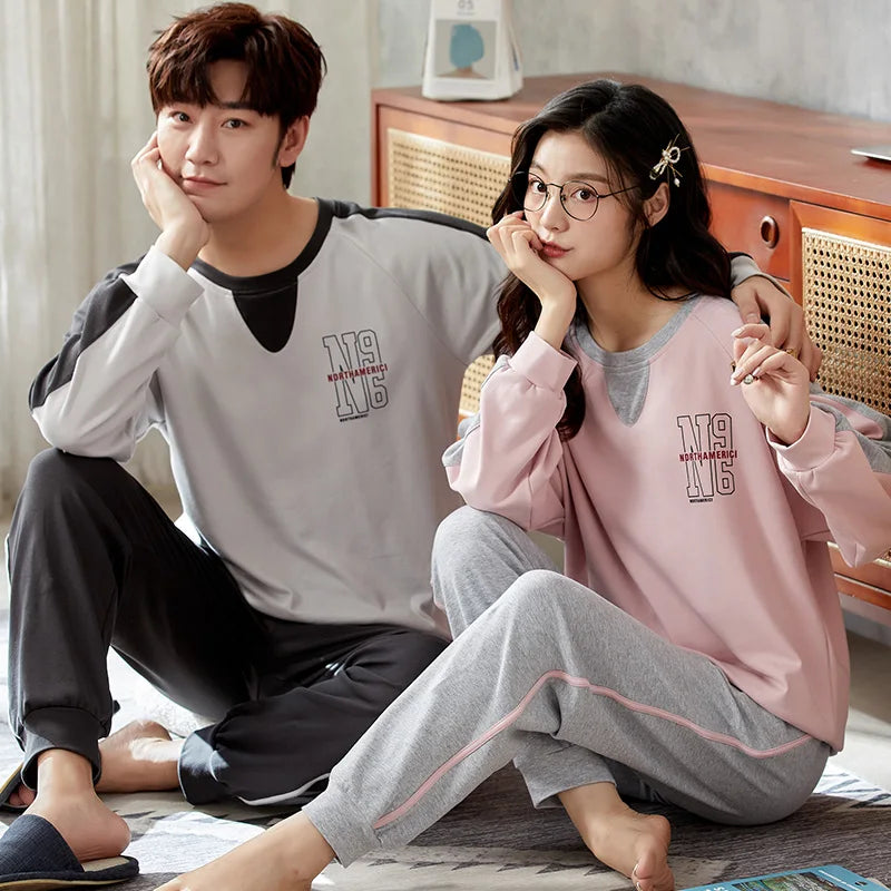 2023 New Cartoon Cute Pajamas Set for Couples Cotton Long Sleeves Sleep Top & Long Pant Spring Nightwear for Men and Women Pjs