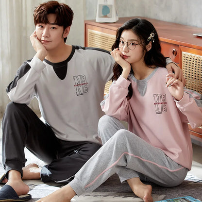2023 New Cartoon Cute Pajamas Set for Couples Cotton Long Sleeves Sleep Top & Long Pant Spring Nightwear for Men and Women Pjs
