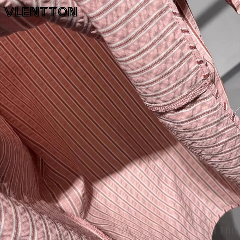 2026 Spring New Women Fashion High-Neck Pink Striped Shirt Casual Button Long Sleeves Loose Versatile Blouse Tops Female