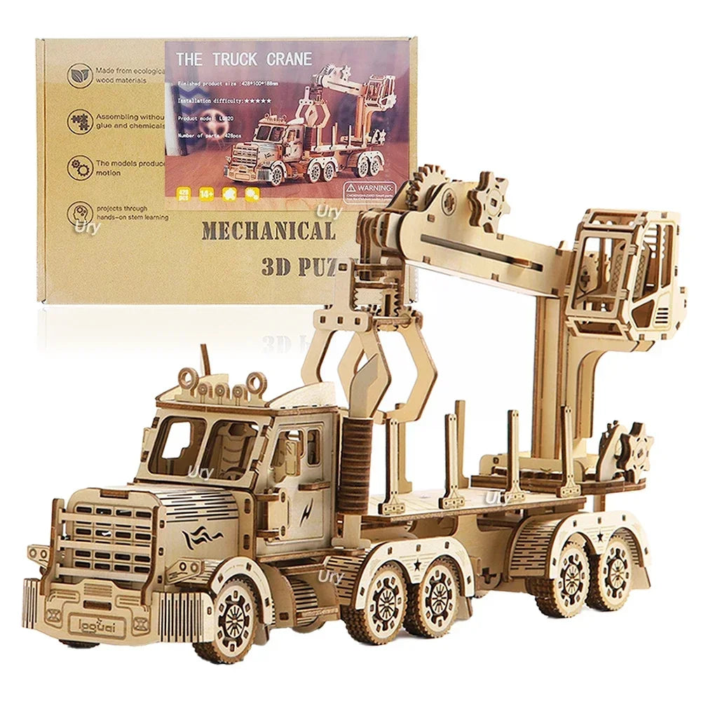 Ury 3D Wooden Puzzle Movable Retro Biplane Crane Bulldozer Handmade Assembly Truck Model DIY Toys Decoration Gift For