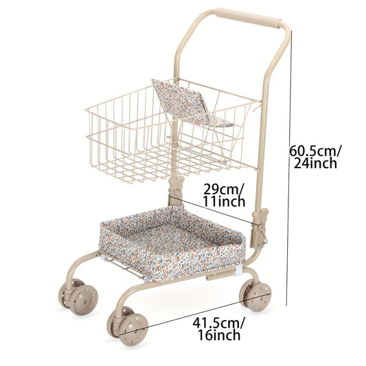 Shopping Cart Toy with Storage Bags Foldable Dollhouse Grocery Cart Pretend Play Shopping Toy Christmas Gift for Girls