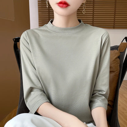 Summer And Autumn New 100% Cotton T-shirt Women's Semi-High-Necked Cropped Sleeves Loose Solid Color Bottoming Top