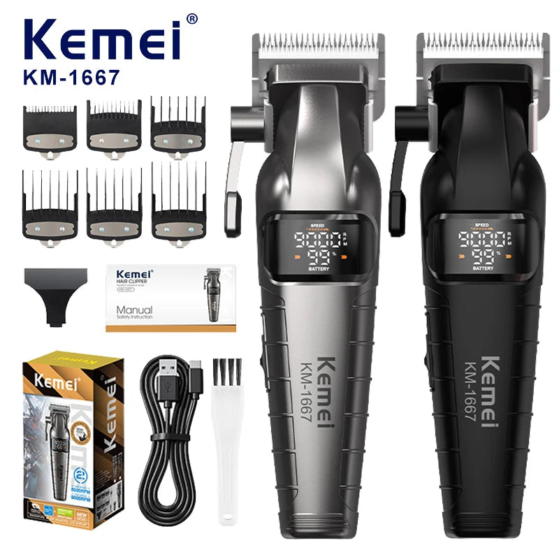 Kemei KM-1667 Trimmer Professional 10W 9000RPM Motor Rechargeable Hair Clippers DLC blades LED Display Trimmer Man