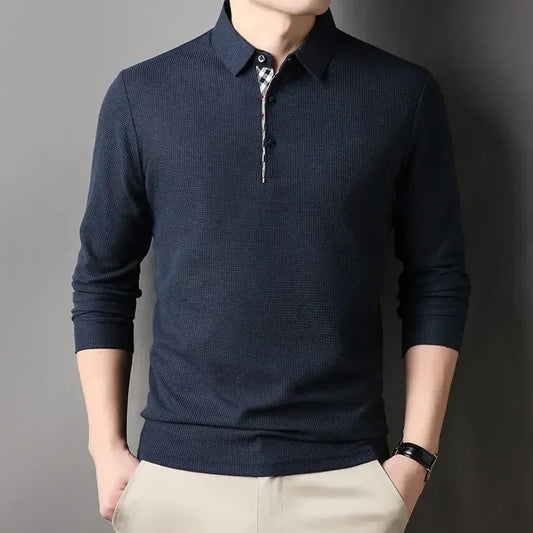 Male Clothes Beige T Polo Shirts for Men Waffle Tops Pullover Y2k High Brand Casual Harajuku Fashion Polyester Long Sleeve F