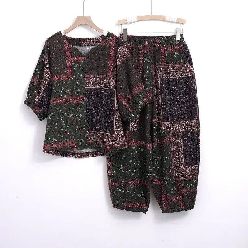 New Summer Floral Print Midi Sleeve Cotton Linen Loose Women's Two-Piece Set Ethnic Style Mom Clothes Comfortable Breathable