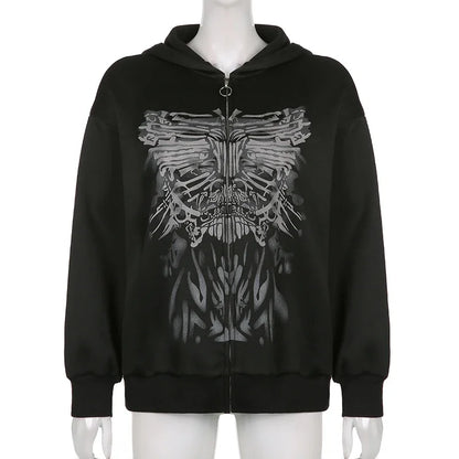 Y2K Gothic Butterfly Print Zip Up Women Hoodies 2025 Winter Grunge Skeleton Sweatshirt Casual Hooded Jacket Streetwear Hoodie