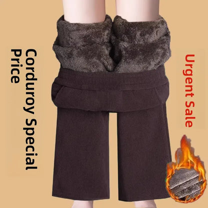 Thickened Fleece Lined Corduroy Straight Leg Casual Pants Women's High Waist Elastic Waist Warm Trousers Autumn Winter New Style