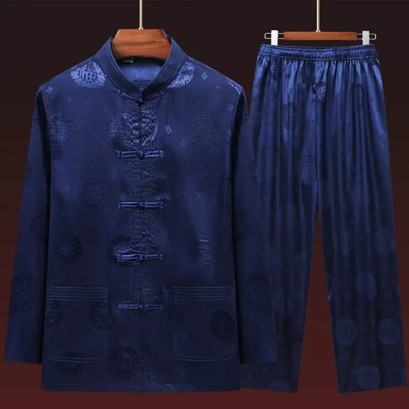 Men's Long Sleeve Ice Silk Tai Chi Suit Traditional Chinese Hanfu Vintage Style Tang Costume Elderly Fashion Dad's Clothing