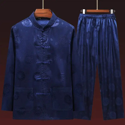Men's Long Sleeve Ice Silk Tai Chi Suit Traditional Chinese Hanfu Vintage Style Tang Costume Elderly Fashion Dad's Clothing