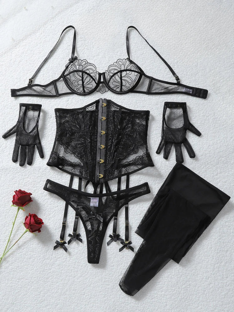 Belamimi Women's Lingerie Sets  Corset Thong 5PC Set Sexy Hot Strapless Lace Fancy Deep V-neck Women Underwear