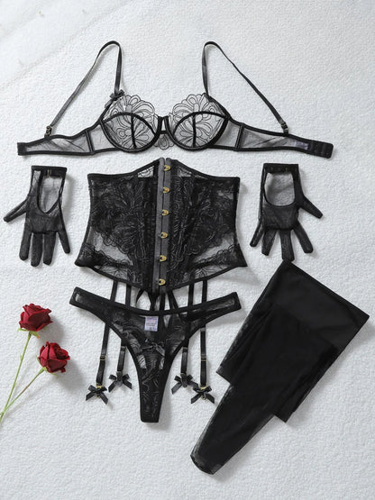 Belamimi Women's Lingerie Sets  Corset Thong 5PC Set Sexy Hot Strapless Lace Fancy Deep V-neck Women Underwear