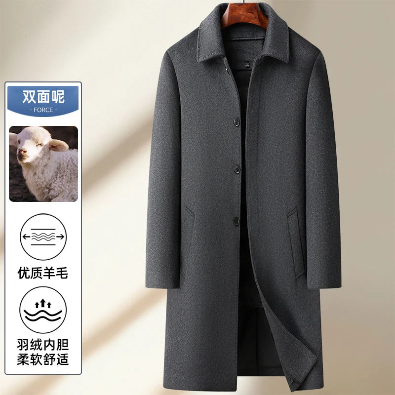 High Quality Men's Long-Length Duck Down Liner Woolen Coat Business Casual Windbreaker Puffer Jacket Solid 50% Wool Top Overcoat