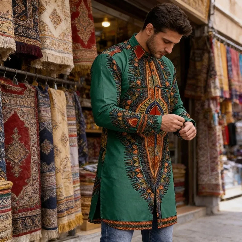 2026 Muslim Tops Men's Ethnic Style Long-sleeved Stand-up Collar Shirts Casual Slim Irregular Hem Blouses Male Morocco Dubai Top
