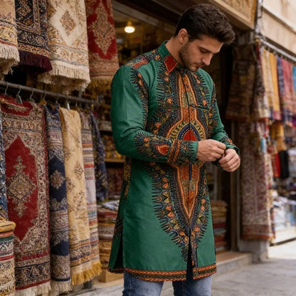 2026 Muslim Tops Men's Ethnic Style Long-sleeved Stand-up Collar Shirts Casual Slim Irregular Hem Blouses Male Morocco Dubai Top