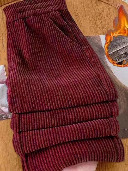 Autumn Winter Corduroy Wide Leg Pants Women's Fleece Lined Casual Thickened Loose Slimming plus Size Straight Leg Trousers