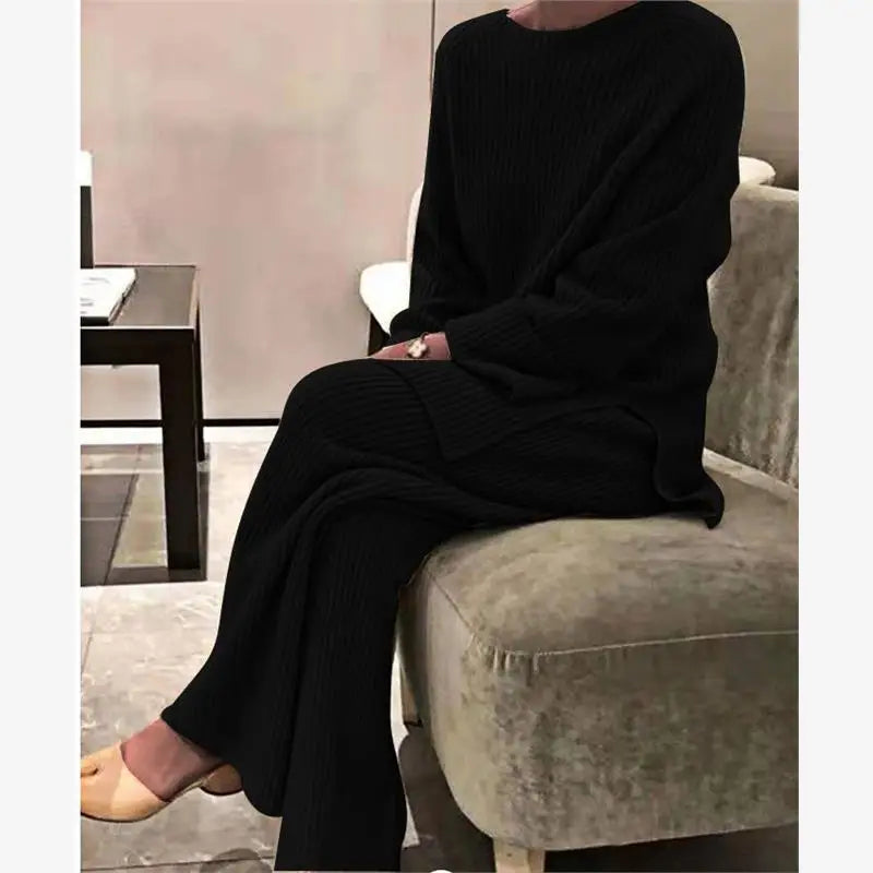Casual Women's Knitted Sweater Two-Piece Set Cross-Border Fashion Spring Long Sleeve Pants Long Pants Suitable for 18-25 Year...