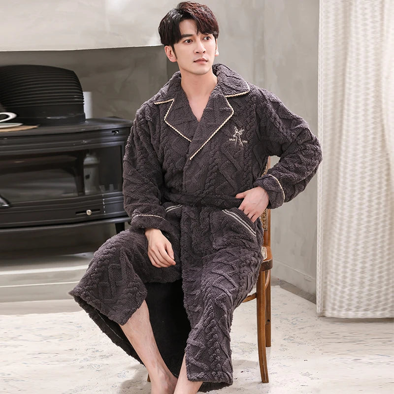 Men Sleepwear Robe Winter Flannel Thicken Terry Robe Male Long Sleeve Kimono Warm Bathrobe Home Wear Peignoir Men Robe