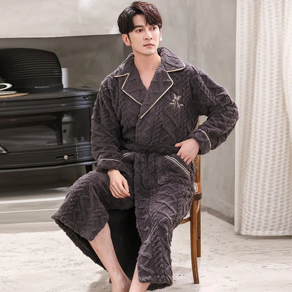 Men Sleepwear Robe Winter Flannel Thicken Terry Robe Male Long Sleeve Kimono Warm Bathrobe Home Wear Peignoir Men Robe