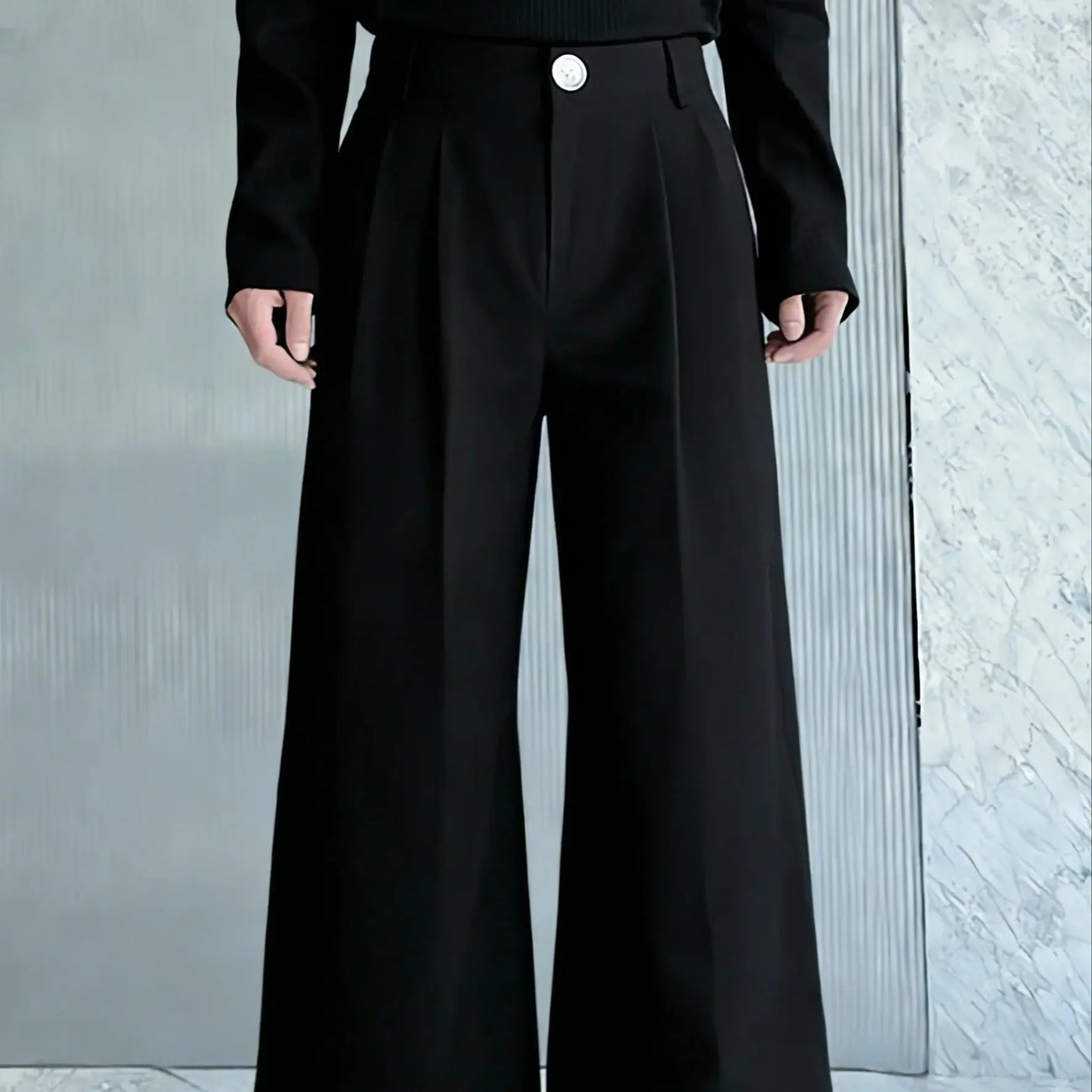 Men's high-waisted double-pleated wide-leg black suit pants, matte fabric loose floor-length trousers, Korean lazy style all-mat