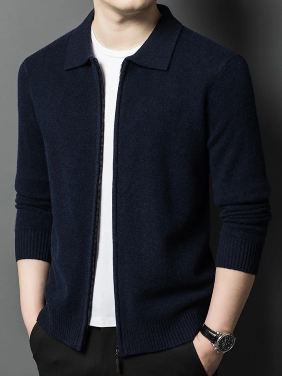 Spring and Autumn Pure Cashmere Cardigan Men's New Casual Lapel Solid Color Zipper Men's Thickened Sweater Jacket