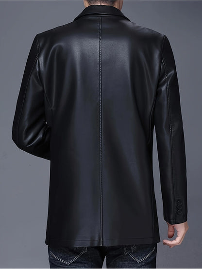 Classic Mid-Length Lapel Trench Coat with Fleece Lining for Warmth, Leather and Fur Integrated Men's Pu Coat, Luxurious Business
