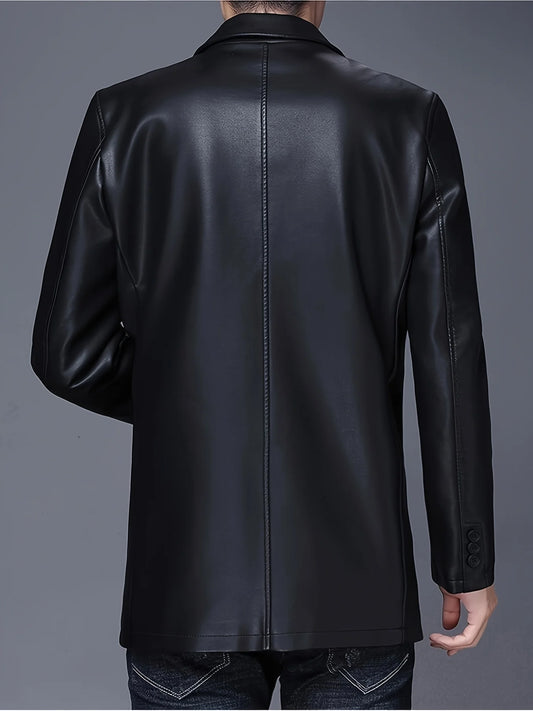 Classic Mid-Length Lapel Trench Coat with Fleece Lining for Warmth, Leather and Fur Integrated Men's Pu Coat, Luxurious Business