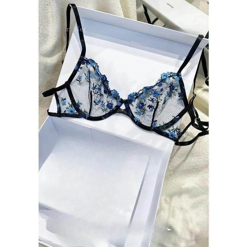Sweet Sexy Lace Lingerie Set, Floral Embroidery Sheer Mesh, Thin Cooling, Big Bust Relief, Japanese Daily Women Underwear 32-38
