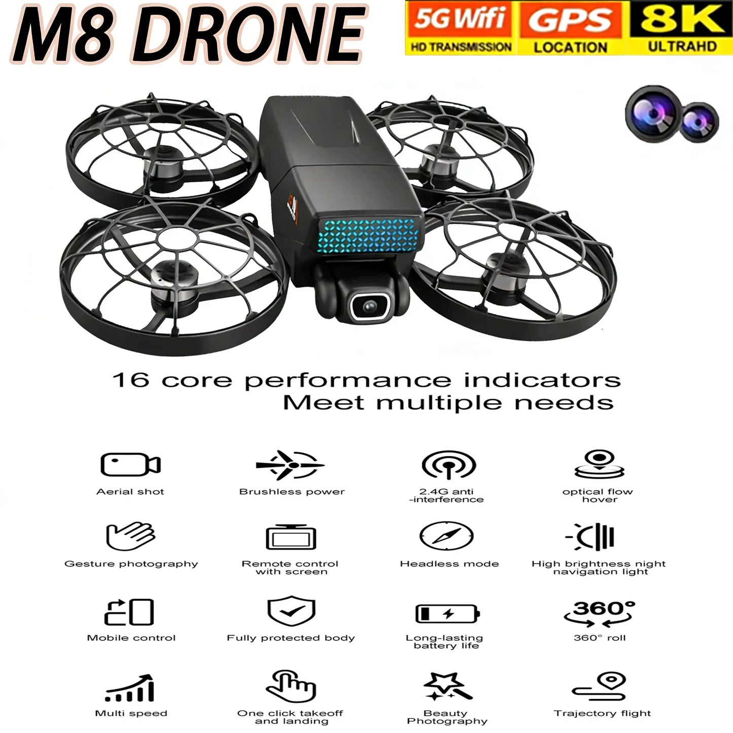 New Drones M8 GPS 8K HD Dual Cameras 360° FPV 5G WIFI Brushless Motor Obstacle Avoidance Foldable Quadcopter for Aerial Boy Toys