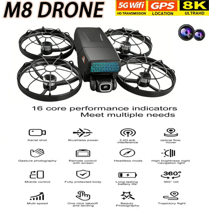 New Drones M8 GPS 8K HD Dual Cameras 360° FPV 5G WIFI Brushless Motor Obstacle Avoidance Foldable Quadcopter for Aerial Boy Toys