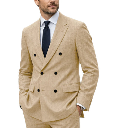 Men's Linen Suit Set  Double Breasted Slim Fit Peak Lapel Formal Blazer Pants Breathable Business Wedding Groom Tuxedo